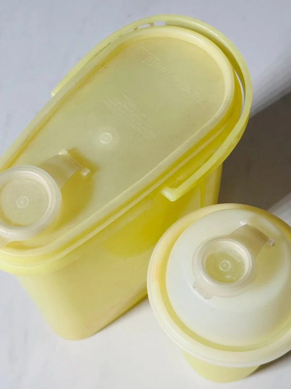 Lot of 2 - Vintage Tupperware Yellow Store and Pour Pitcher + Quick Shake Bottle